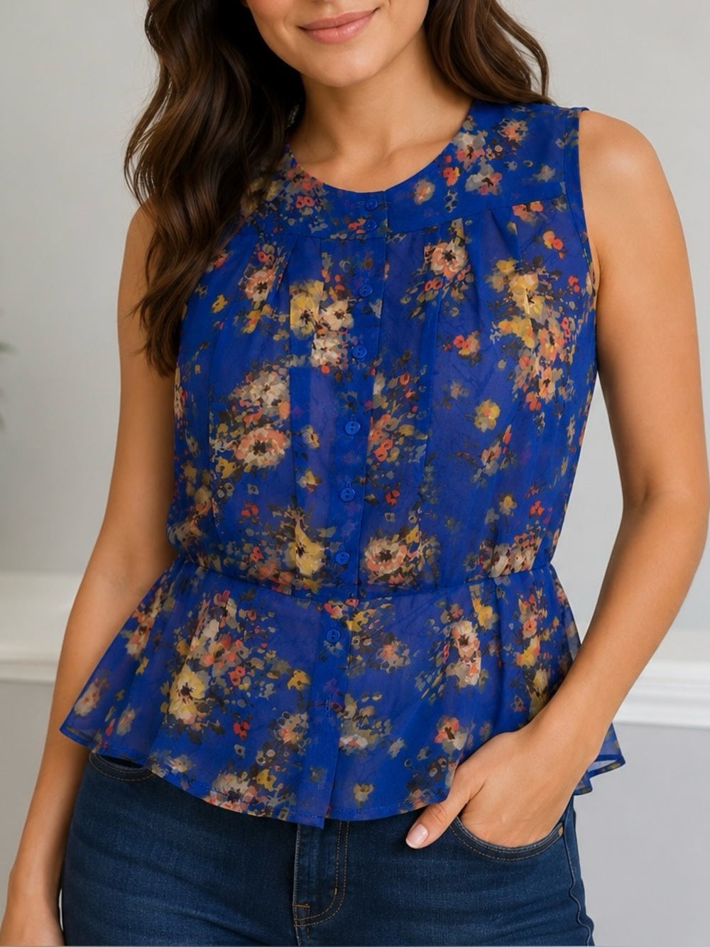 Olivia Moon Floral Sleeveless Peplum Blouse – Small Petite